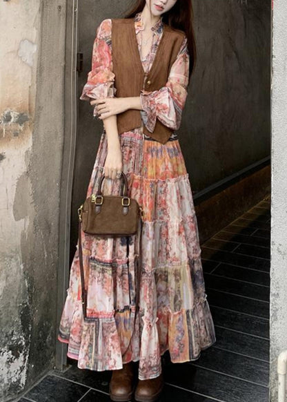 Dress Brown and Ruffled Suede Faux Waistcoat Two-piece