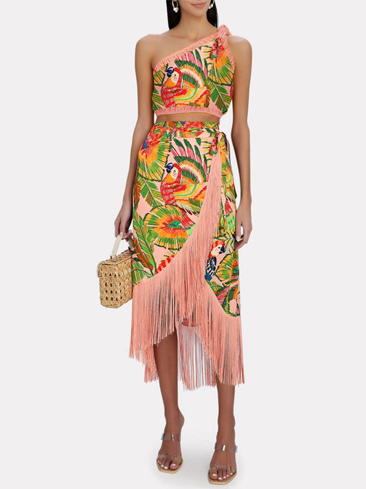 One-shoulder Embroidered Print Bikini and Fringe Skirt