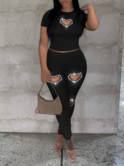 Crop Top Rhinestone Heart Decor Pants Set Skinny Two-pieces Suit Short Sleeve Top Trousers Set