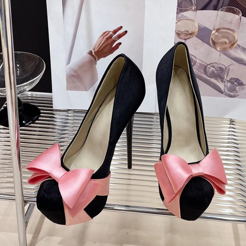 Liyke Design Bowknot Round Toe Platform Pumps Wedding Banquet Shoes Stripper Pole Dance High Heels Black Pink
