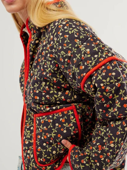 Flower Print Jackets for Pocket Slim Coat Clothes Street Autumn Cardigan Female New Outerwear