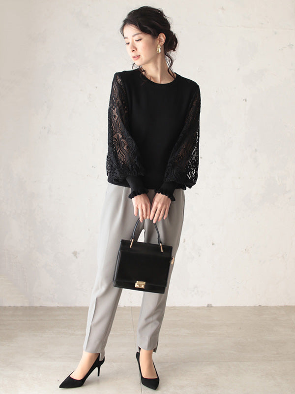 Tempermant Black Round-neck Patchwork Hollow Lace Long Puff Sleeves Sweater Qx011