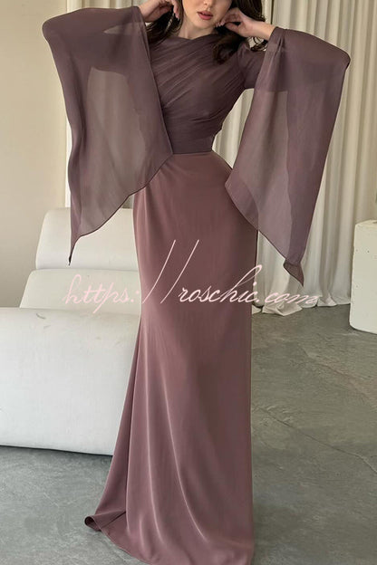 Liora Ruched Organza and Satin Patchwork Design Long Bell Slit Sleeve Maxi Dress