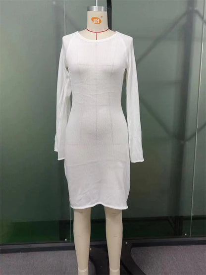 Backless Knitwear Lace-up Mini Dress Female Long Sleeve Loose Holiday Beach High Waist Dress Knit Dress