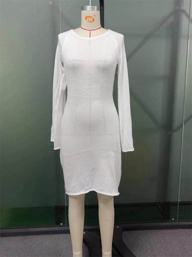 Backless Knitwear Lace-up Mini Dress Female Long Sleeve Loose Holiday Beach High Waist Dress Knit Dress