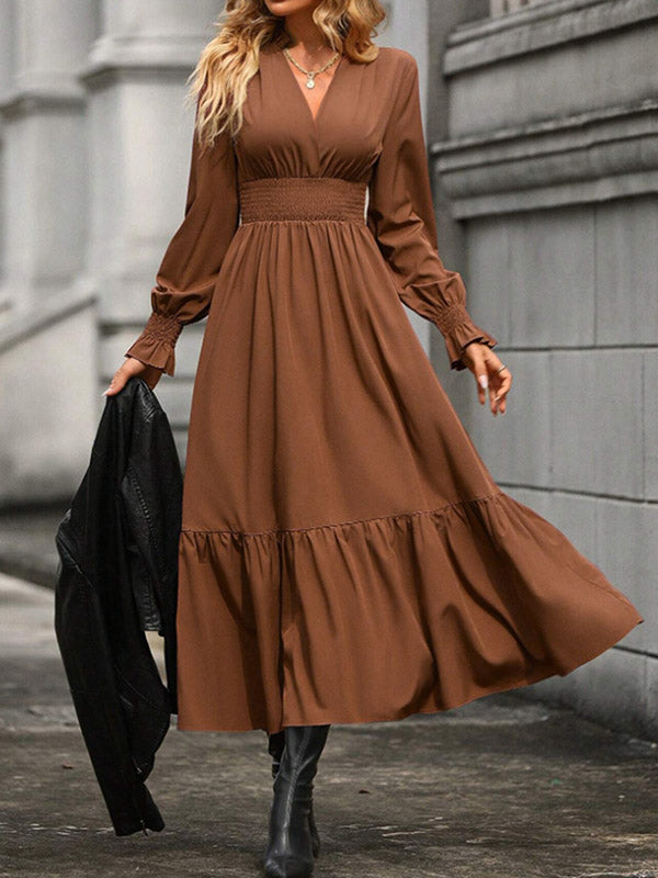 A-line Flared Sleeves Elasticity Pleated Color V-neck Midi Dresses