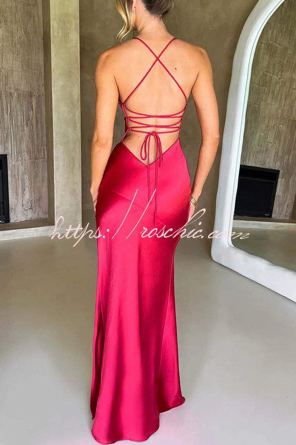 Satin Color Backless Lace Up High Slit Maxi Dress