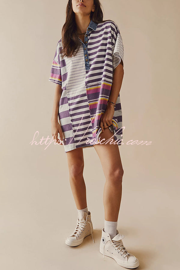 Contrast Striped Patchwork Denim Lapel Loose Mini Dress
