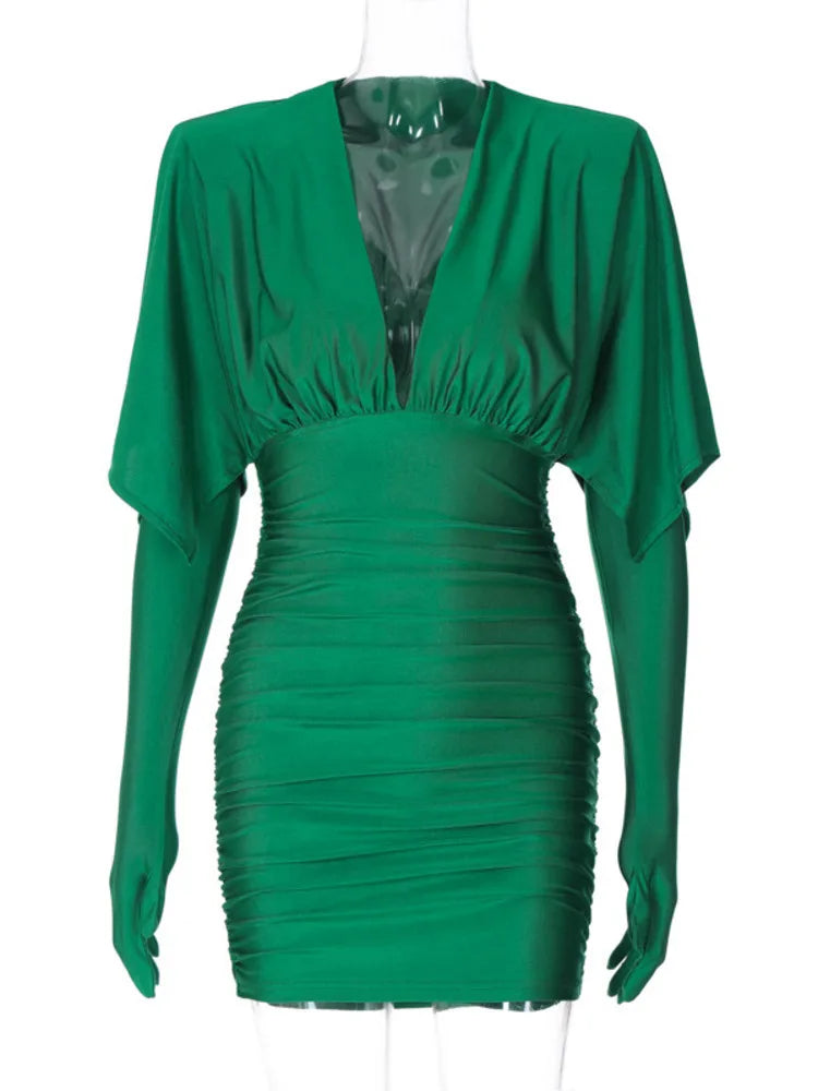Deep V Neck Long Sleeve Mini Dress Autumn Winter New Ruched Evening Dress Female Dress