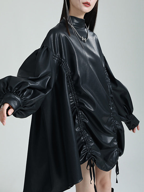 High-low Long Sleeves Drawstring Pleated Color Stand Collar Mini Dresses