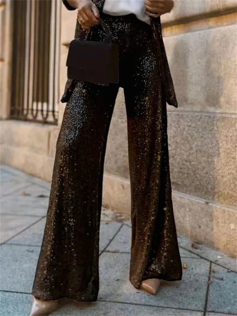 Sequin 2 Piece-set Straight Leg Slim Glitter Patchwork Suit Outwear and Pants Sets