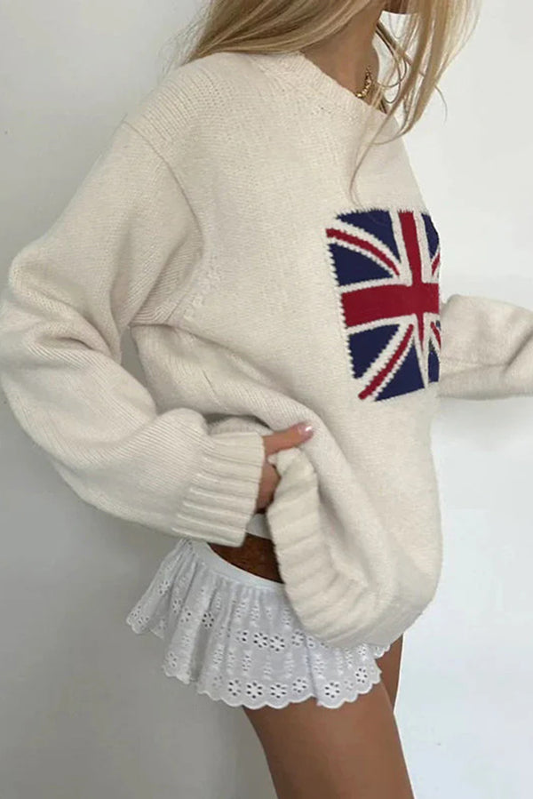 Flag Pattern Knitted Crewneck Long Sleeve Sweater