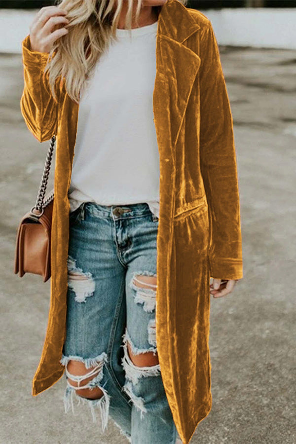 Velvet Lapel Pocket Long Coat