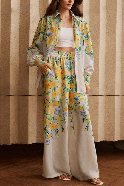 Print Lapel Long Sleeve Shirt and Elastic Waist Pocket Wide Leg Pants Set
