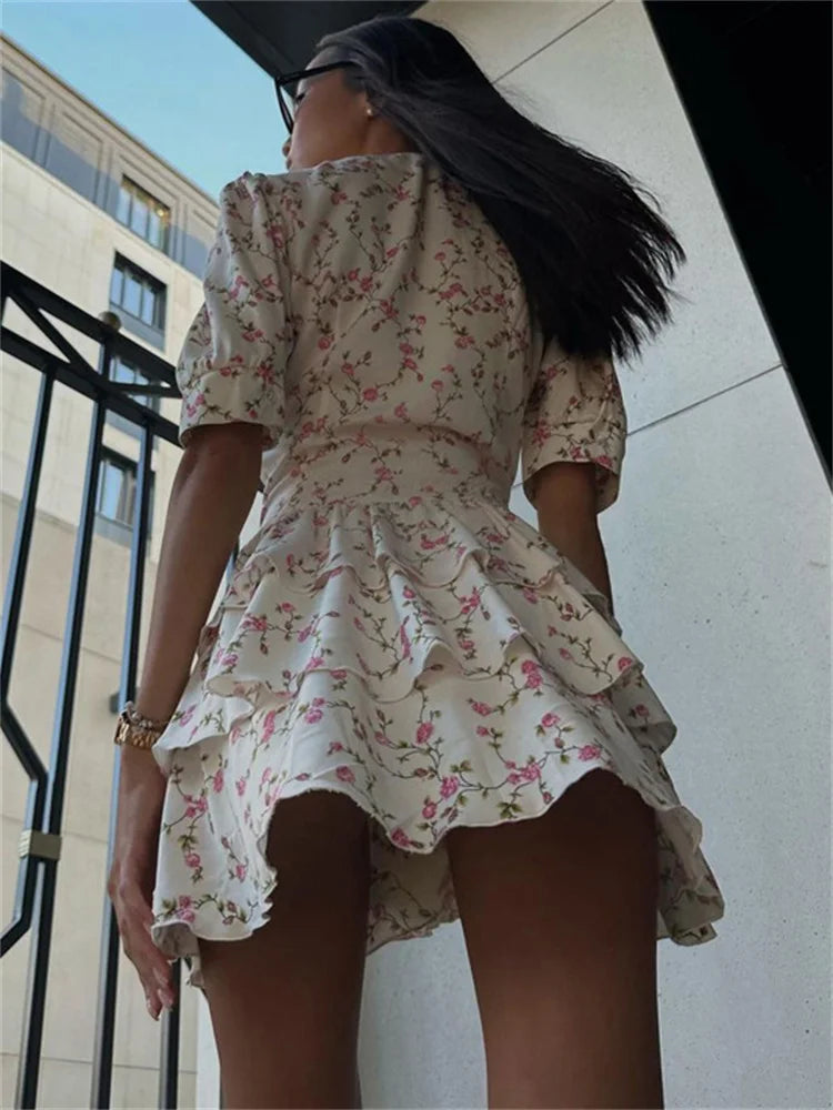 V-neck Printed Bandage Mini Dress for Short Sleeve Slim Summer High Waist Lace-up Dress Party Dress New