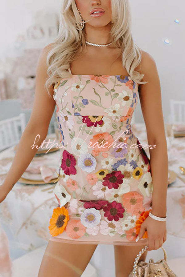 Dream World Embroidered Applique Adjustable Straps Mini Dress