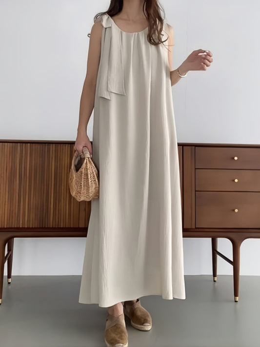 High Waisted Loose Pleated Color Tied Round-neck Maxi Dresses