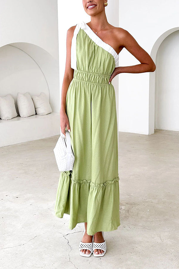 Sleeveless One Shoulder Tie Elastic Neck Pleated Maxi Dress
