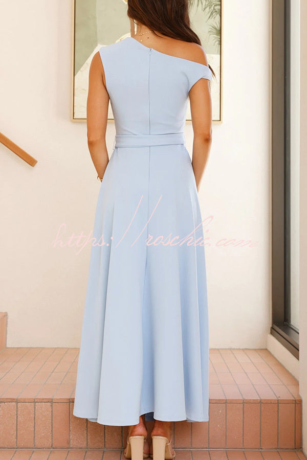 Color Sloped Collar Slim Fit Waist Lace Up Full Hem Maxi Dress