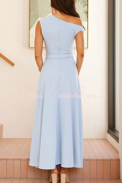 Color Sloped Collar Slim Fit Waist Lace Up Full Hem Maxi Dress