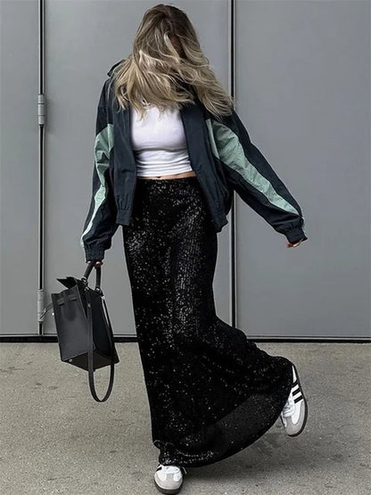 Glitter Sequin Crop Top Female Long Sleeve Outfit T-shirt High Street Sparkle for Y2k Top