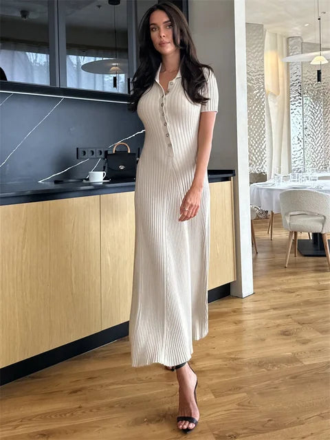 Ribbed High Waist Slim Maxi Dress for Knitwear Lapel Party Dress Gown Short Sleeve Knit Dress