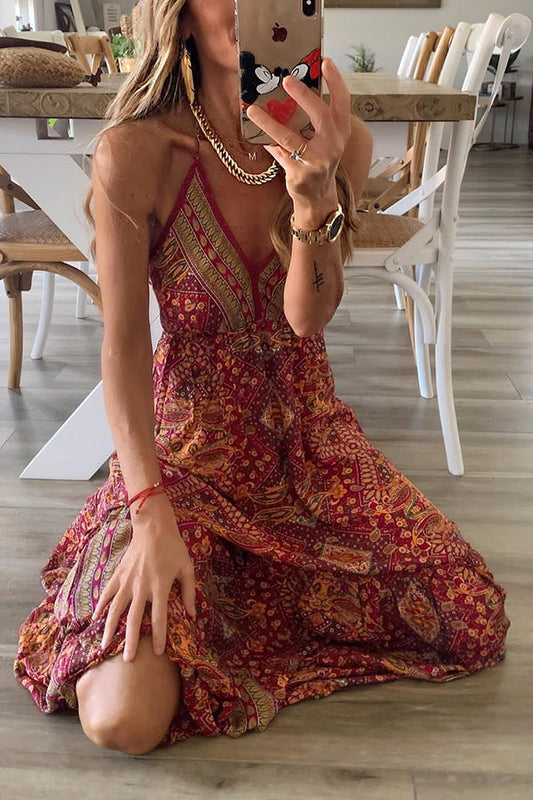 Celeste Printed Strap Elastic Waist Maxi Dresses