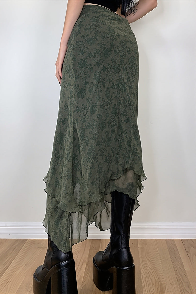 Green Chiffon Irregular Maxi Skirt
