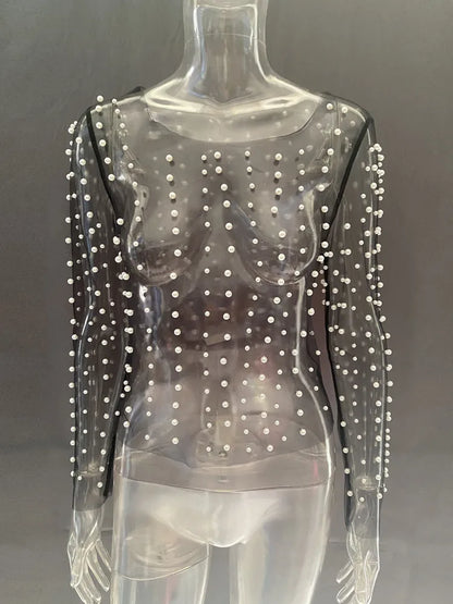Pearl Mesh See Through T-shirt Long Sleeve Pullover Blouse Summer U Neck Tee Shirt Tops