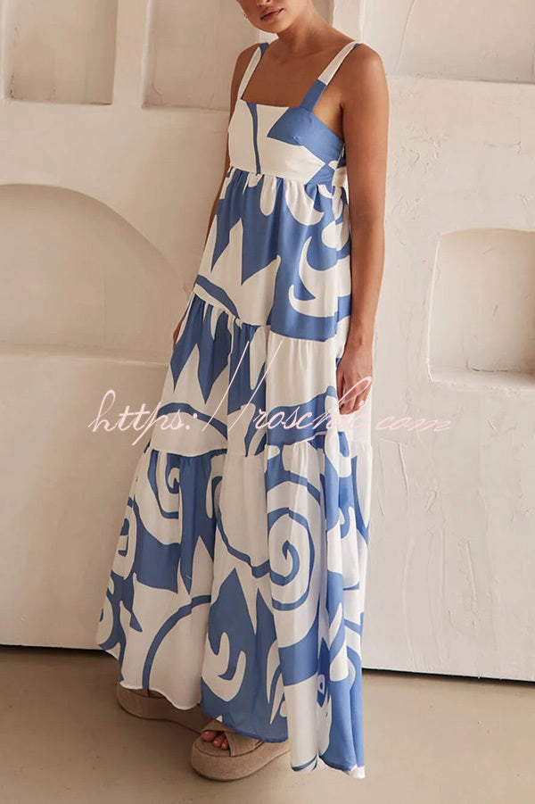 Style Geometric Print Back Smocked Loose Maxi Dress