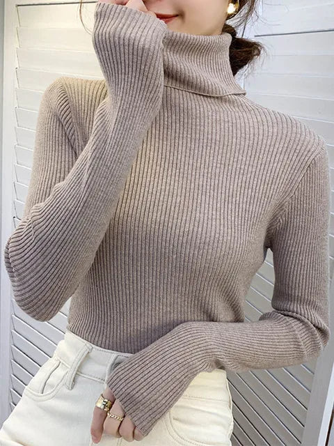 New Pullover Turtleneck Sweater Autumn Long Sleeve Slim Elastic Korean Simple Basic Jumper Color Top