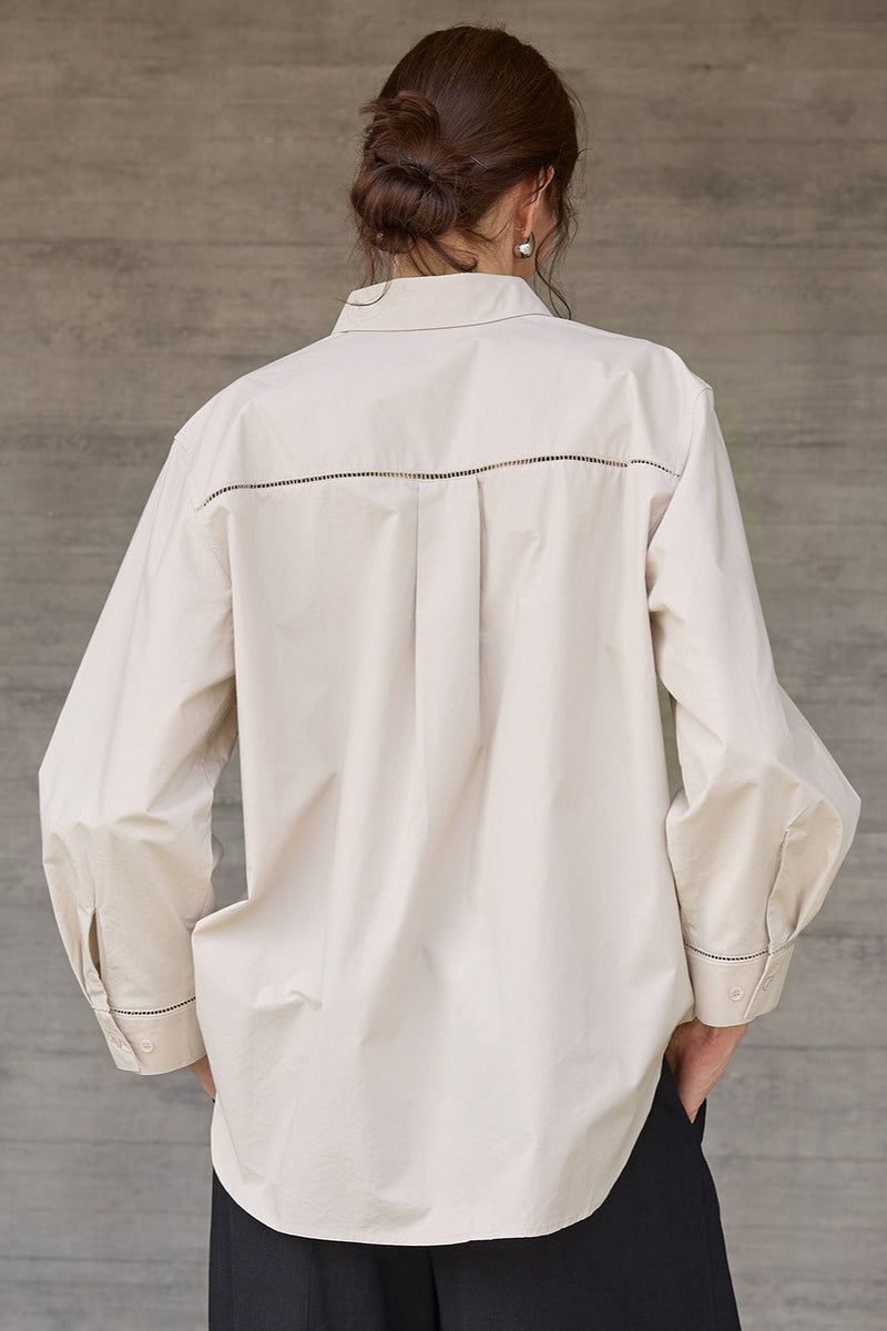 White High-density Cotton Long-sleeve Collared Blouse