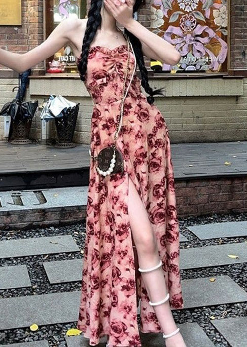 Red Ruffled Lace Up Print Cotton Long Dresses Sleeveless Az1050