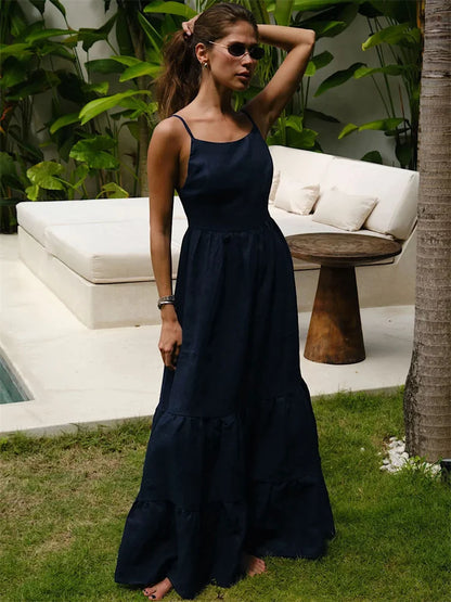 Summer Backless Bandage Maxi Dress Female Patchwork Spaghetti Party Dress Lace-up High Waist Long Dress