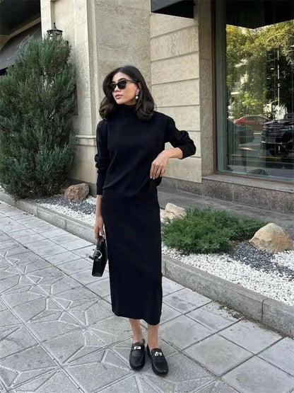 Ribbed Knit 2 Piece Dress Set Outfits Knitwear Top and Midi Skirt Sets for Winter Sweater Sets