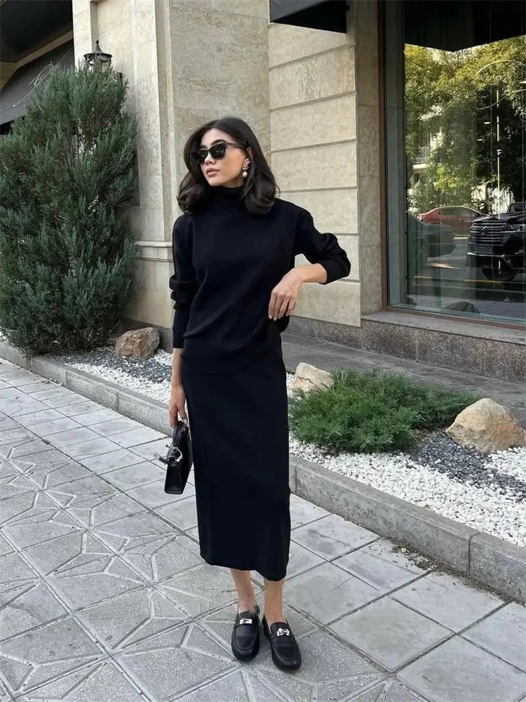 Knitted 2 Piece Outfit Set Long Sleeve Sweater Top and Pencil Long Skirts Autumn Two Piece Sweater Sets