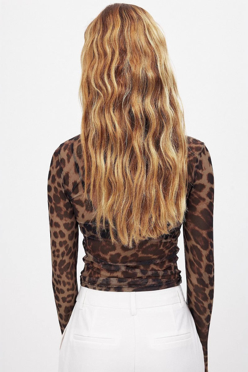 Leopard Print Mesh-printed Slim Fitted Blouse