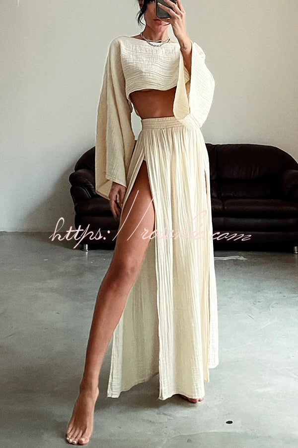 Beach Linen Blend Wide Sleeve Blouse and Elastic Waist Double Slit Skirt Set