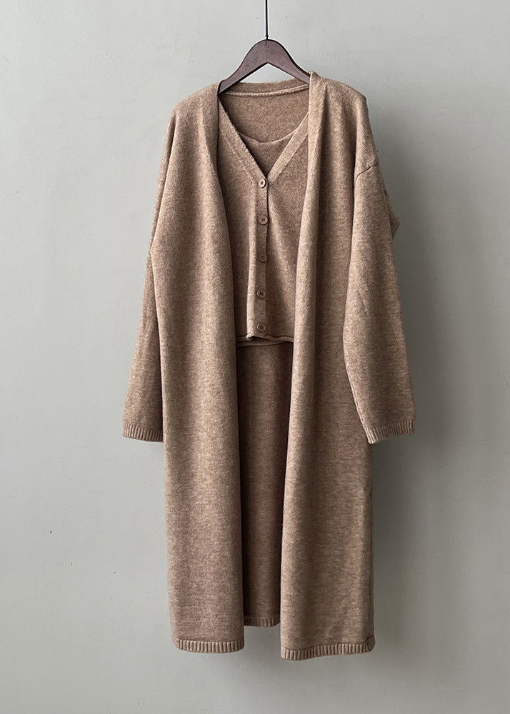 Grey Button Knit Two Pieces Set V Neck Tank and Cardigan Fall Af1061