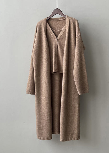 Grey Button Knit Two Pieces Set V Neck Tank and Cardigan Fall Af1061