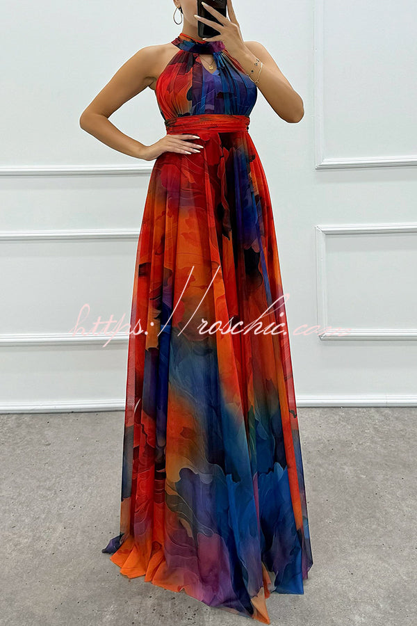 Elaine Tulle Splash Print Cutout Halter Tie-up Neck Gown Maxi Dress