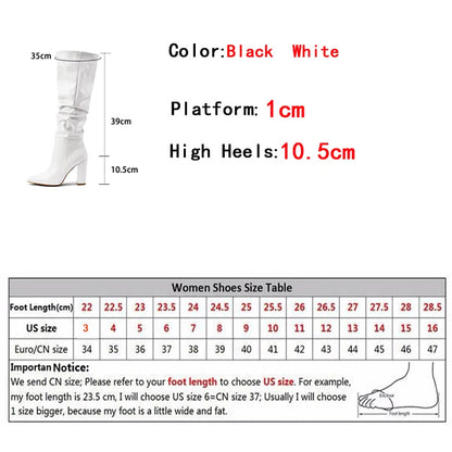 Liyke Pointed Toe Motorcycle Knee High Boots Black Pleated Leather Square High Heels Party Stripper Shoes Booties