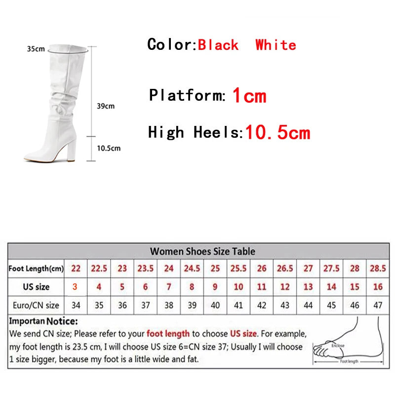 Liyke Pointed Toe Motorcycle Knee High Boots Black Pleated Leather Square High Heels Party Stripper Shoes Booties