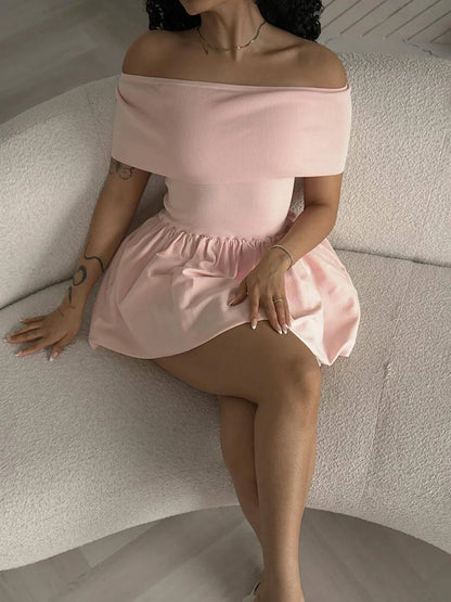 Knitted Off Shoulder Mini Dress Patchwork Ruffled Edge Slash Neck Beach Holiday Princess Dress Cover Up Summer