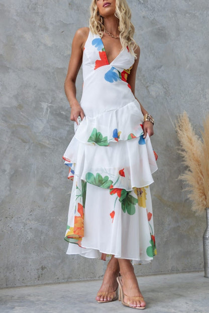 Refreshing Print Back Lace-up Multi-teir Ruffle Hem Maxi Dress