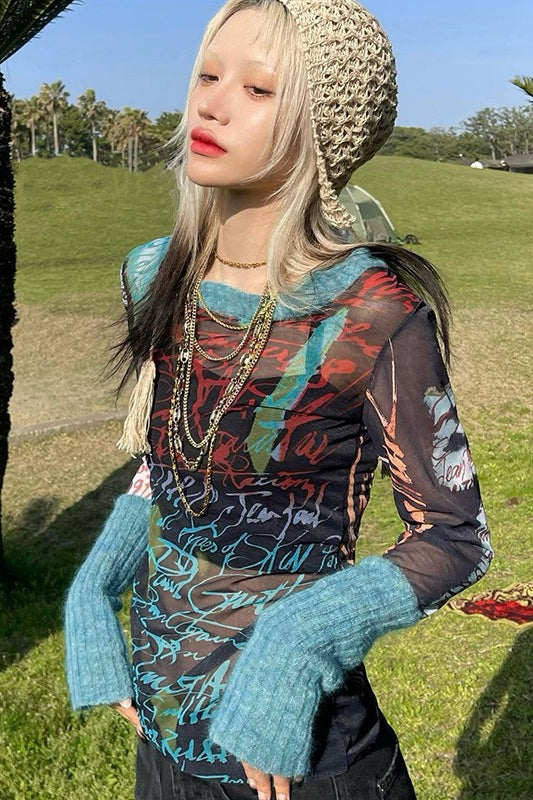 Printed Mesh-paneled Slim Long-sleeve Knit Blouse