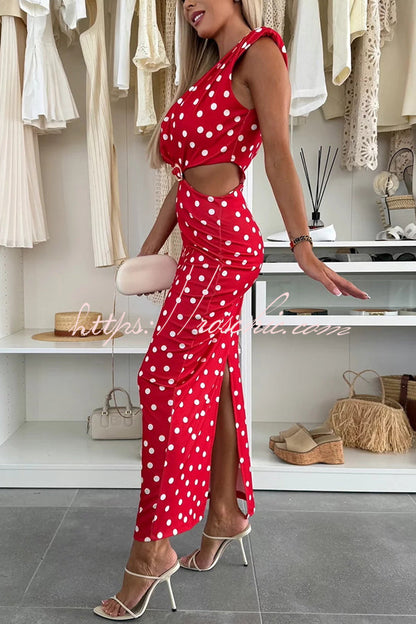 Roxane Polka Dot Print Shoulder Pad Metal Cutout Waist Slit Stretch Maxi Dress