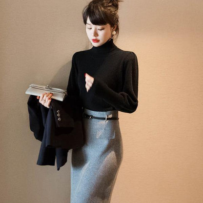 Black Turtleneck Long Puff Sleeve Knit Sweater Tw001