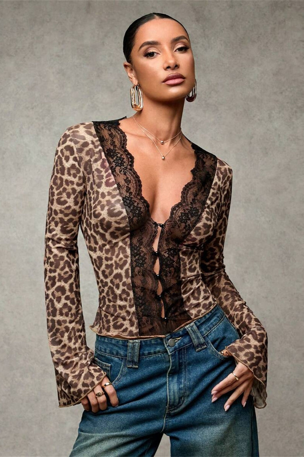 Leopard Print Lace-paneled Blouse