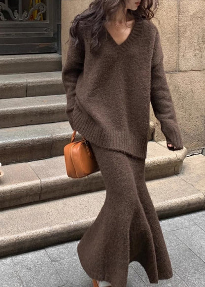 Brown Cozy Cotton Knit Sweaters and Maxi Skirts Two Pieces Set Winter Wv029